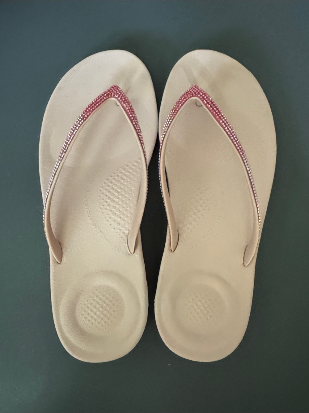 Fitflop Women's Beige Comfort Flip Flops with Pink Embellished Straps